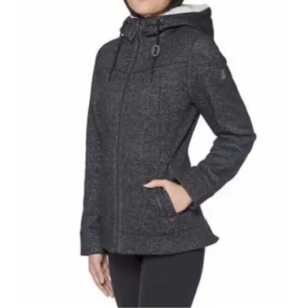 1 Madison Expedition Women’s Knit Jacket Sherpa Lined Hood Black Tweed Sz Small